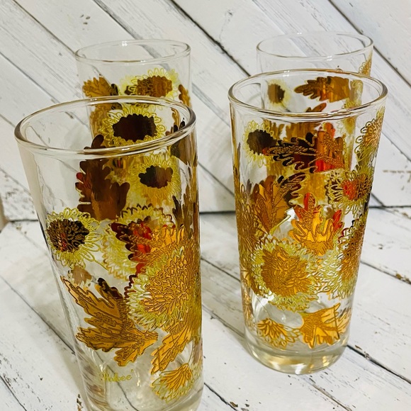 Set of 4 Vintage Mid Center Modern Pokee Yellow 22K Gold Chrysanthemum glasses - Picture 8 of 8